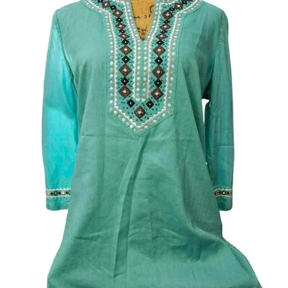 Dana Buchman Turquoise Tunic Bohemian Embroidered Top Sz M - Picture 2 of 8